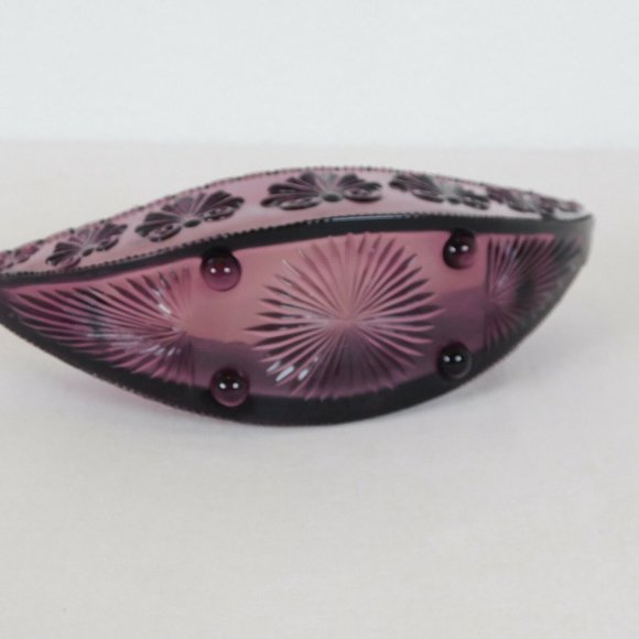 Amethyst Pressed Glass Console Bowl Half Moon Shell Scroll Starburst Vintage - Picture 7 of 8